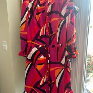 Trina Turk Bold Pink and Orange Nat Geometric Long Sleeve Dress